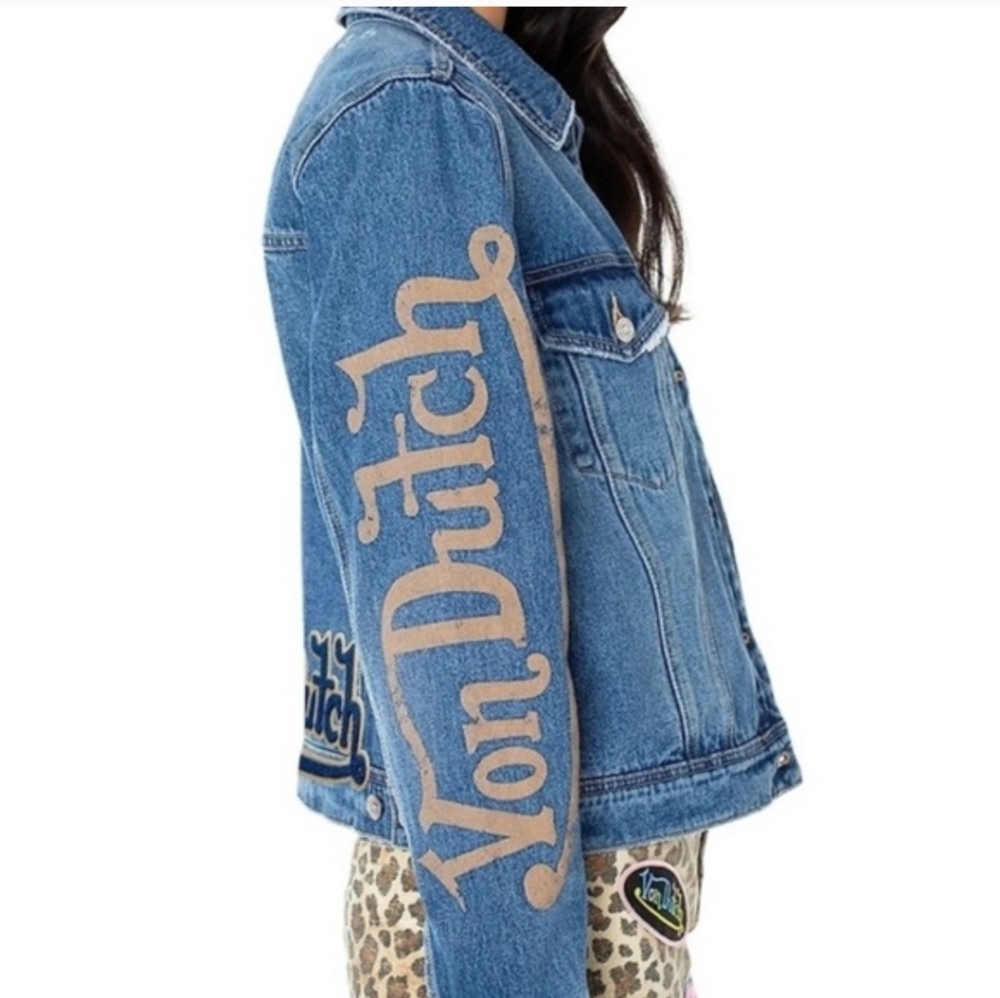 Von Dutch Denim Trucker Jacket with Tan Logos New With Tags